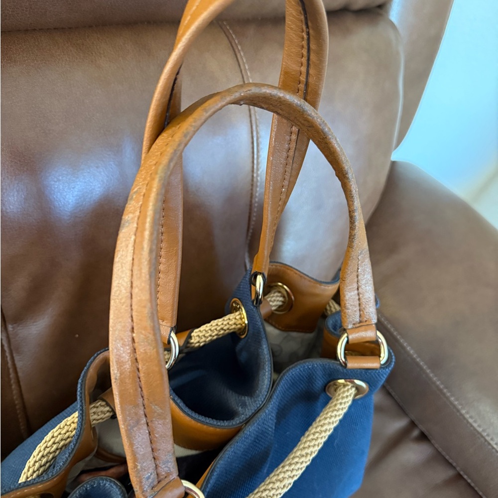 Michael Kors Navy Blue/Brown Canvas Marina Drawstring Tote - Picture 7 of 11